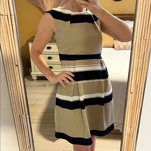 Enfocus Studio Beige, Black and Cream Striped Sleeveless Fit-and-Flare Dress